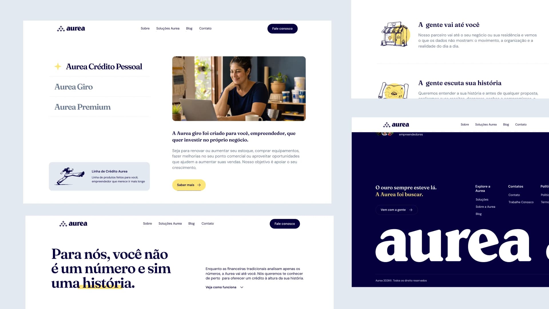 Composição de páginas da Aurea com soluções de crédito, etapas de atendimento e rodapé.