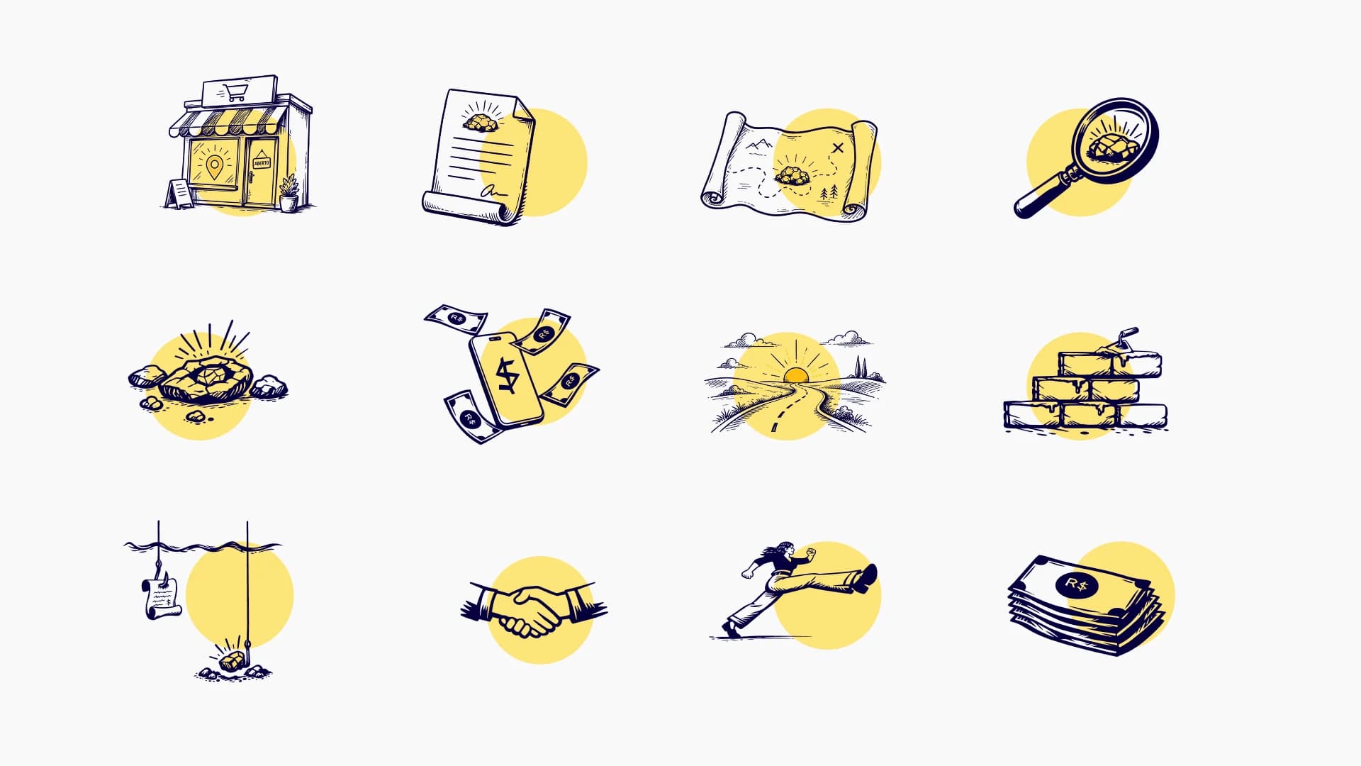 Conjunto de ilustrações da Aurea sobre negócios, crédito e relacionamento com empreendedores.