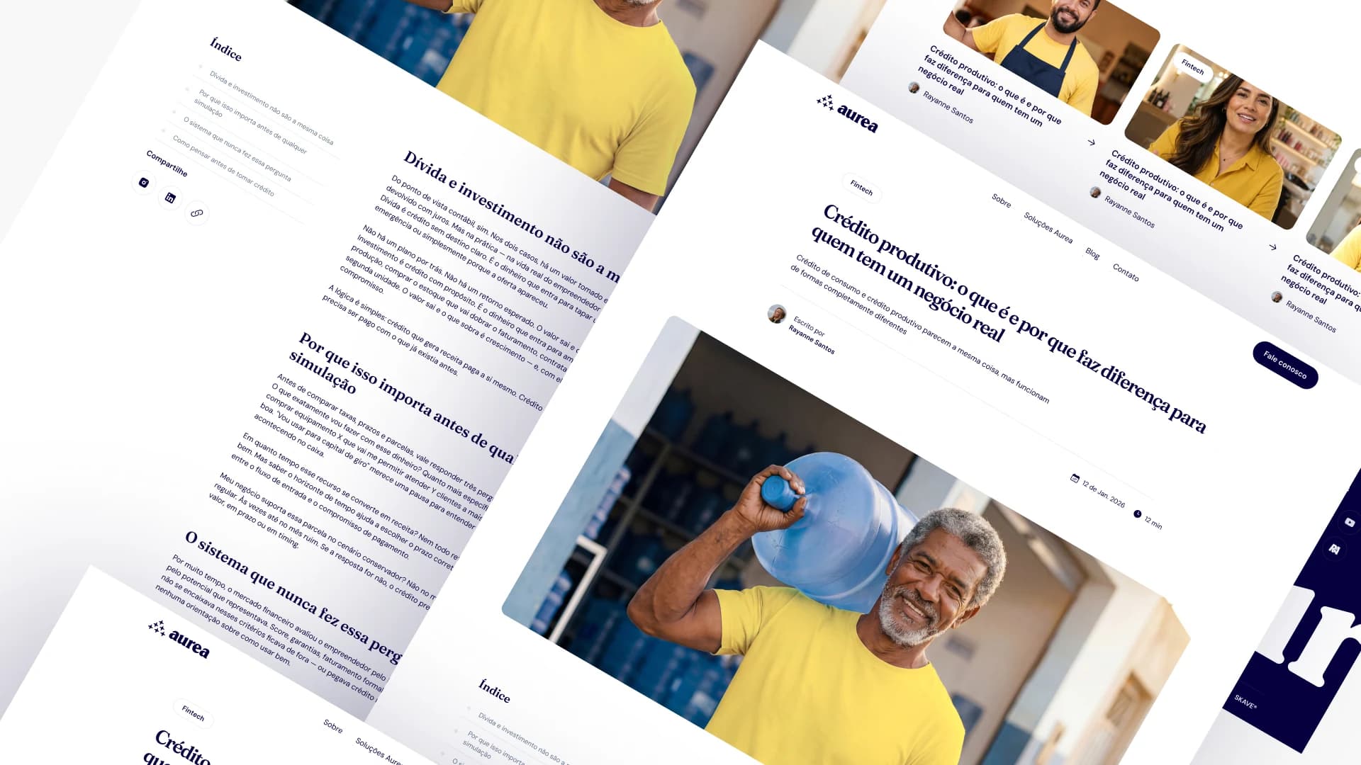 Composição das páginas de artigos do blog Aurea sobre crédito para empreendedores.