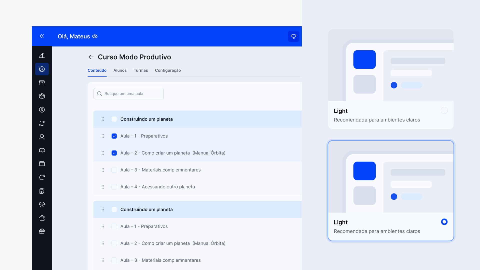 Interface da área de cursos da Órbita e opções do tema claro.