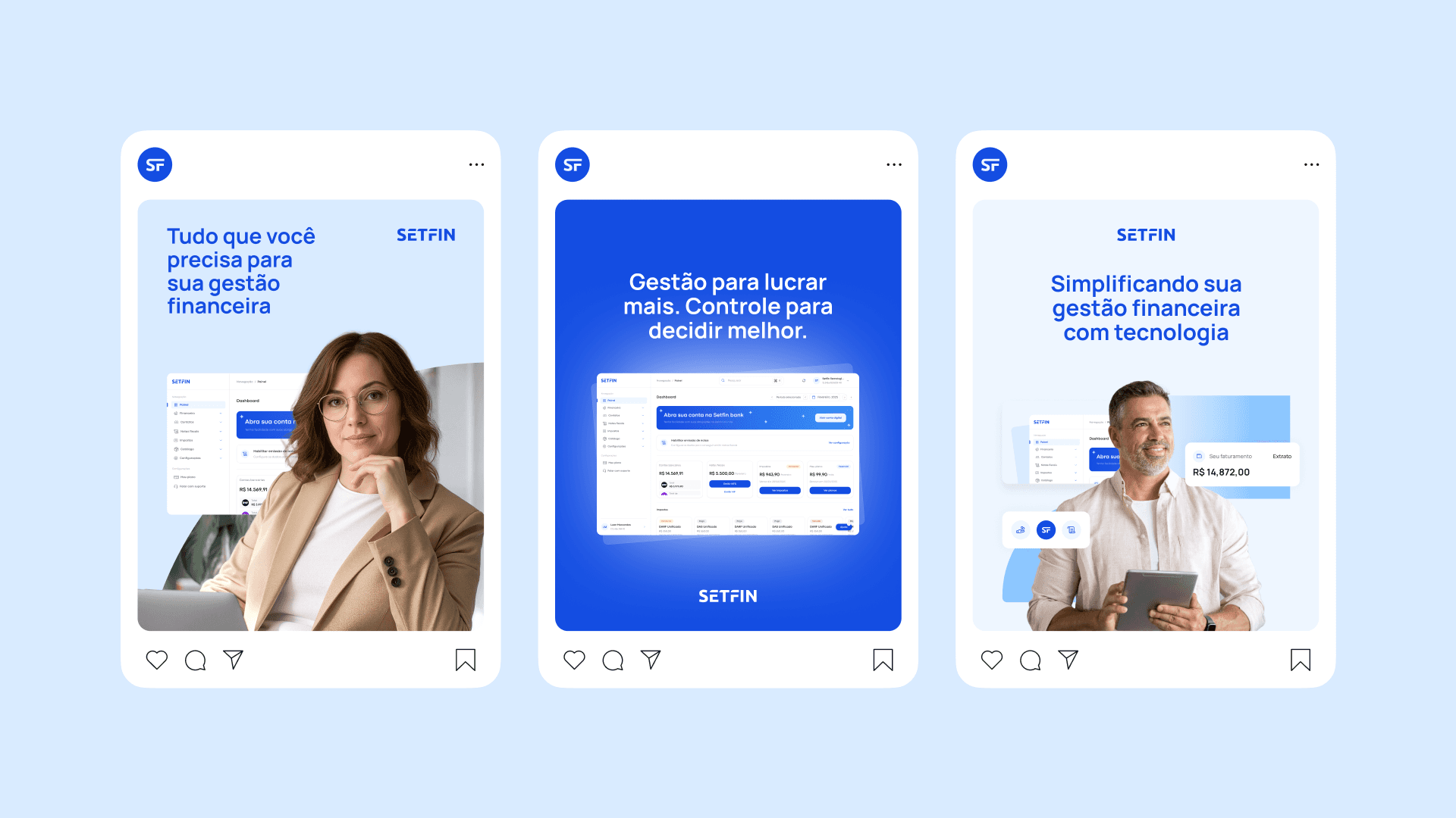Setfin — Social media posts featuring the brand identity.