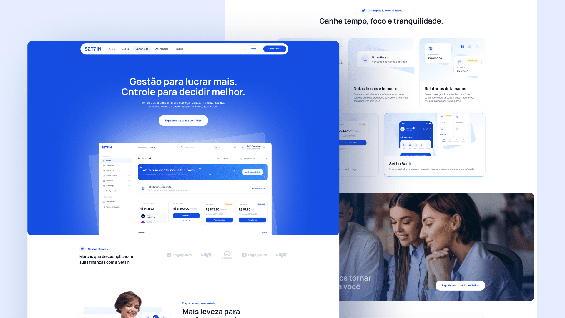 Setfin — Overview of the landing page and its sections.