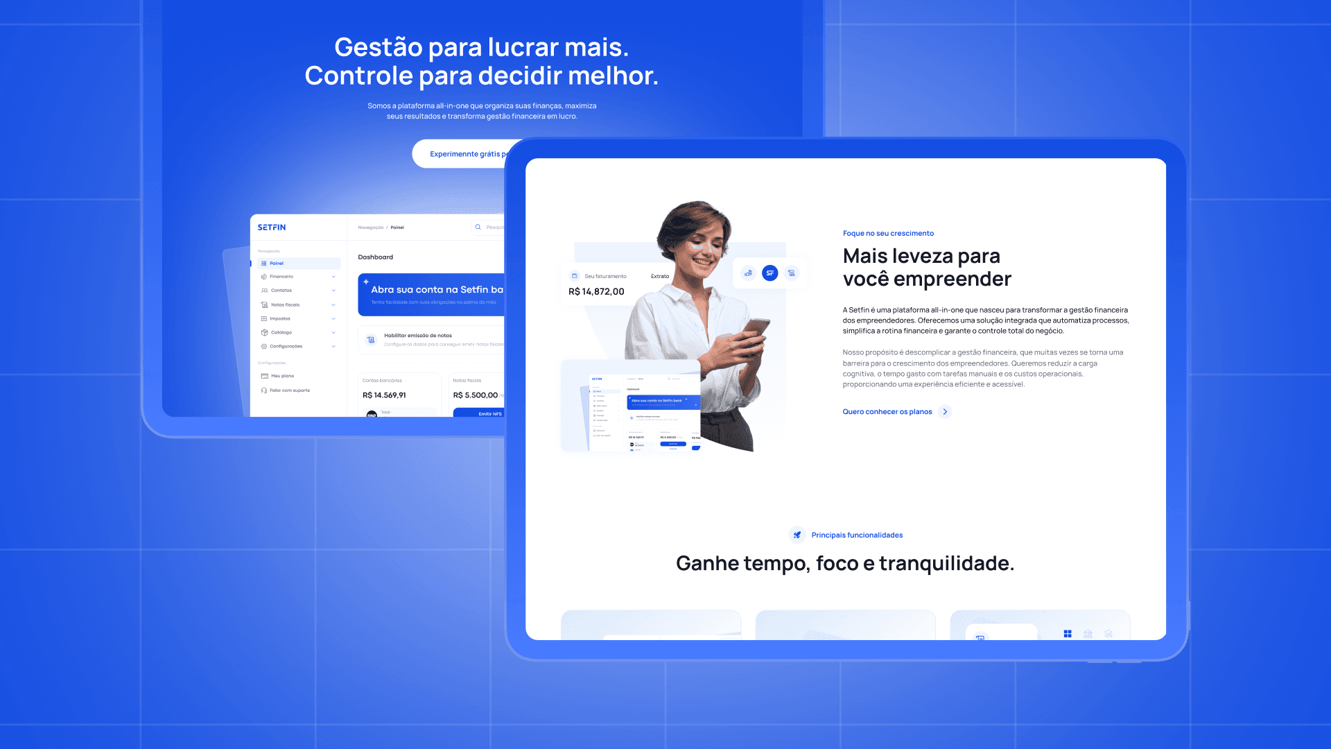 Setfin — Landing page screen composition on a blue background.
