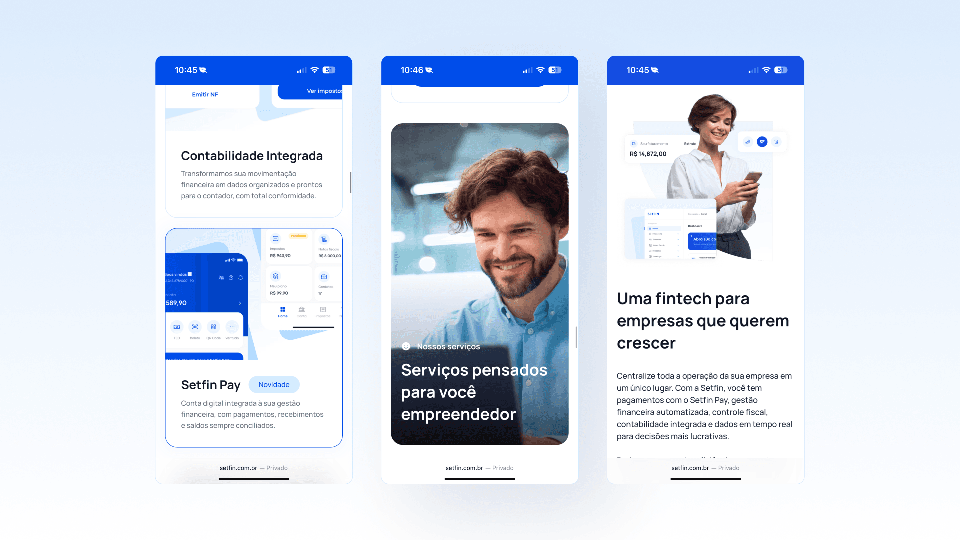 Setfin — Mobile version featuring integrated accounting and services for entrepreneurs.