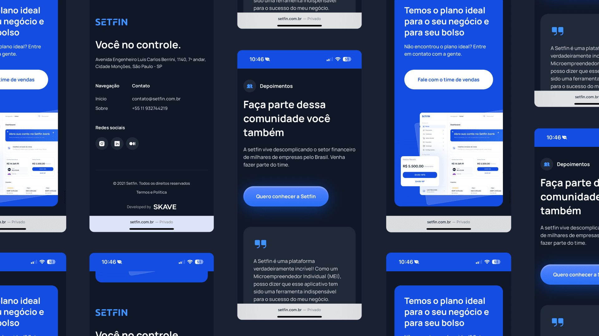 Setfin — Plans, community, and footer sections on desktop and mobile.