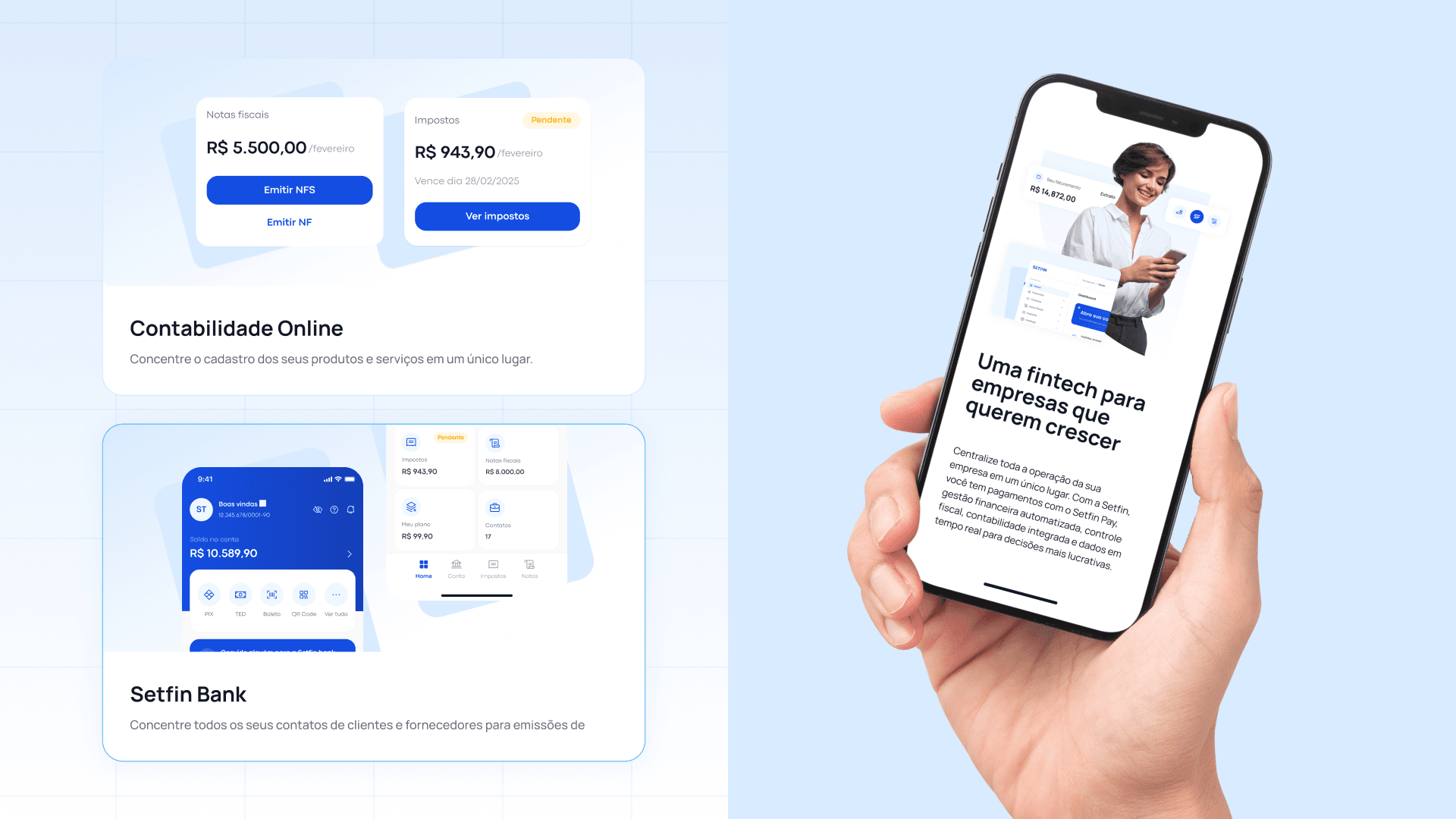Setfin — Accounting and digital banking services with a smartphone mockup.